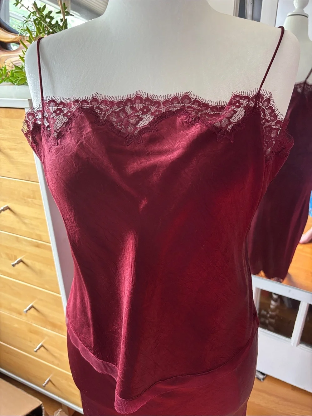 Matching set Jcrew, wine red lace trim cami and skirt with side slit